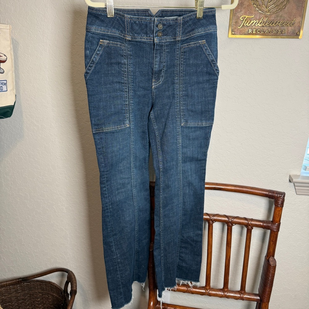 Pilcro & Letterpress Anthropologie High Rise Trouser Bootcut Jeans Dark Wash 27P